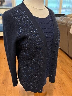 Talbots Navy Sequin Button-Front Cardigan